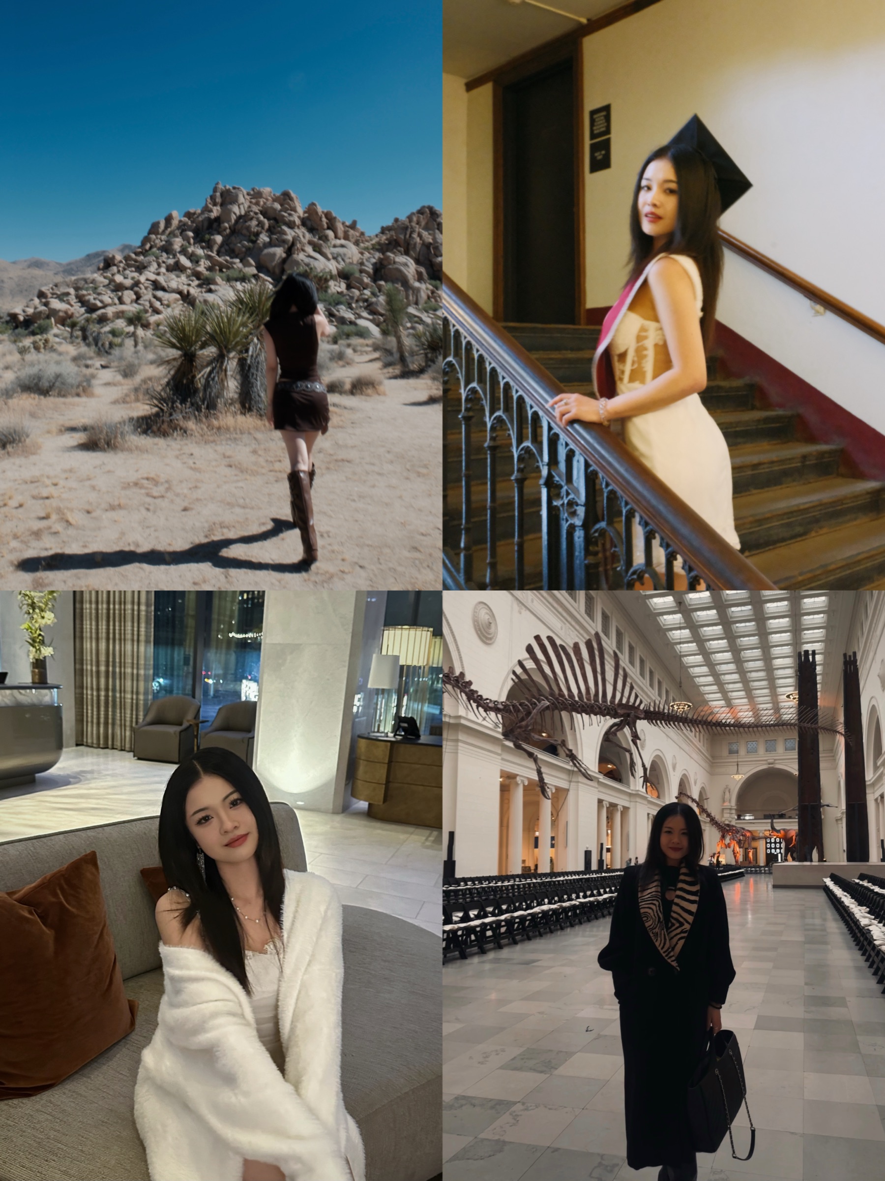 Four photos of Amy Ren — at Joshua Tree, graduation, a hotel lounge, and the Field Museum