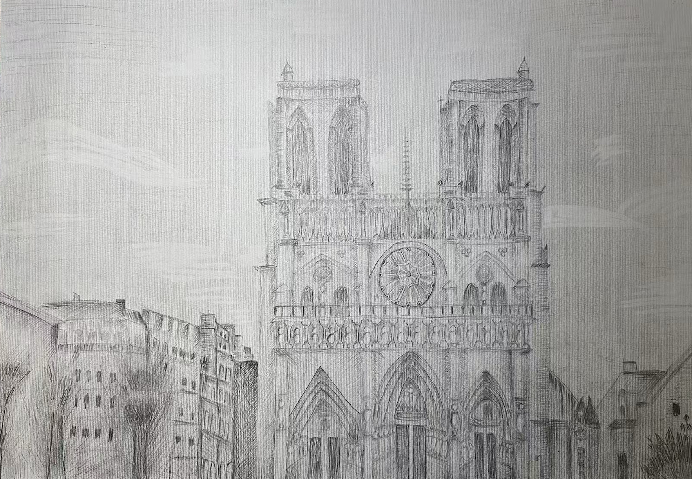 Finished pencil sketch of Notre-Dame cathedral