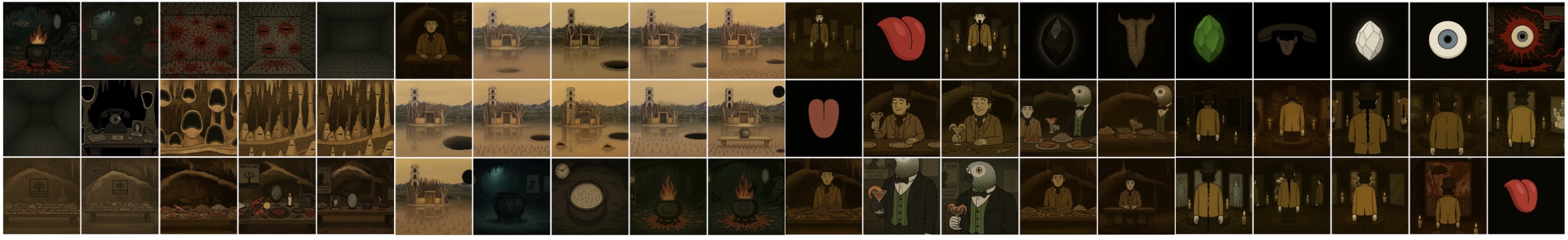 Horizontal strip of AI-generated stills and process frames from Rusty Lake