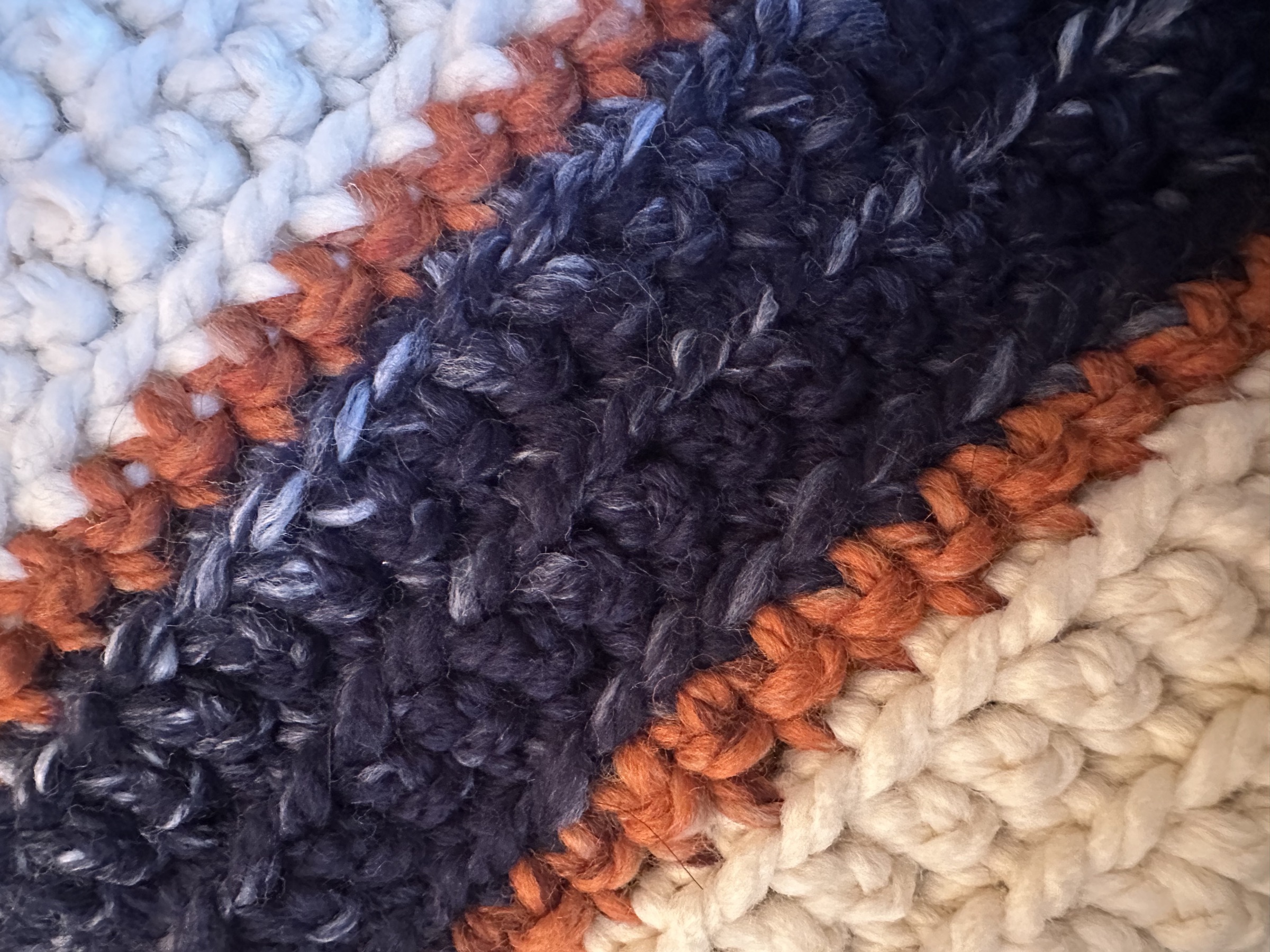 Close-up detail of the finished blue and orange blanket