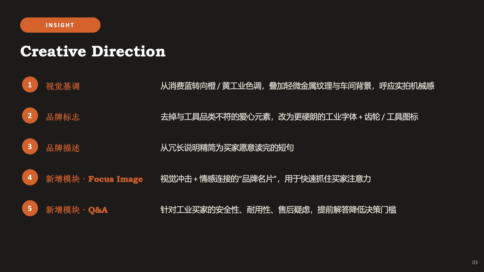 Dark synthesis slide titled Creative Direction, listing five numbered decisions for the brand redesign