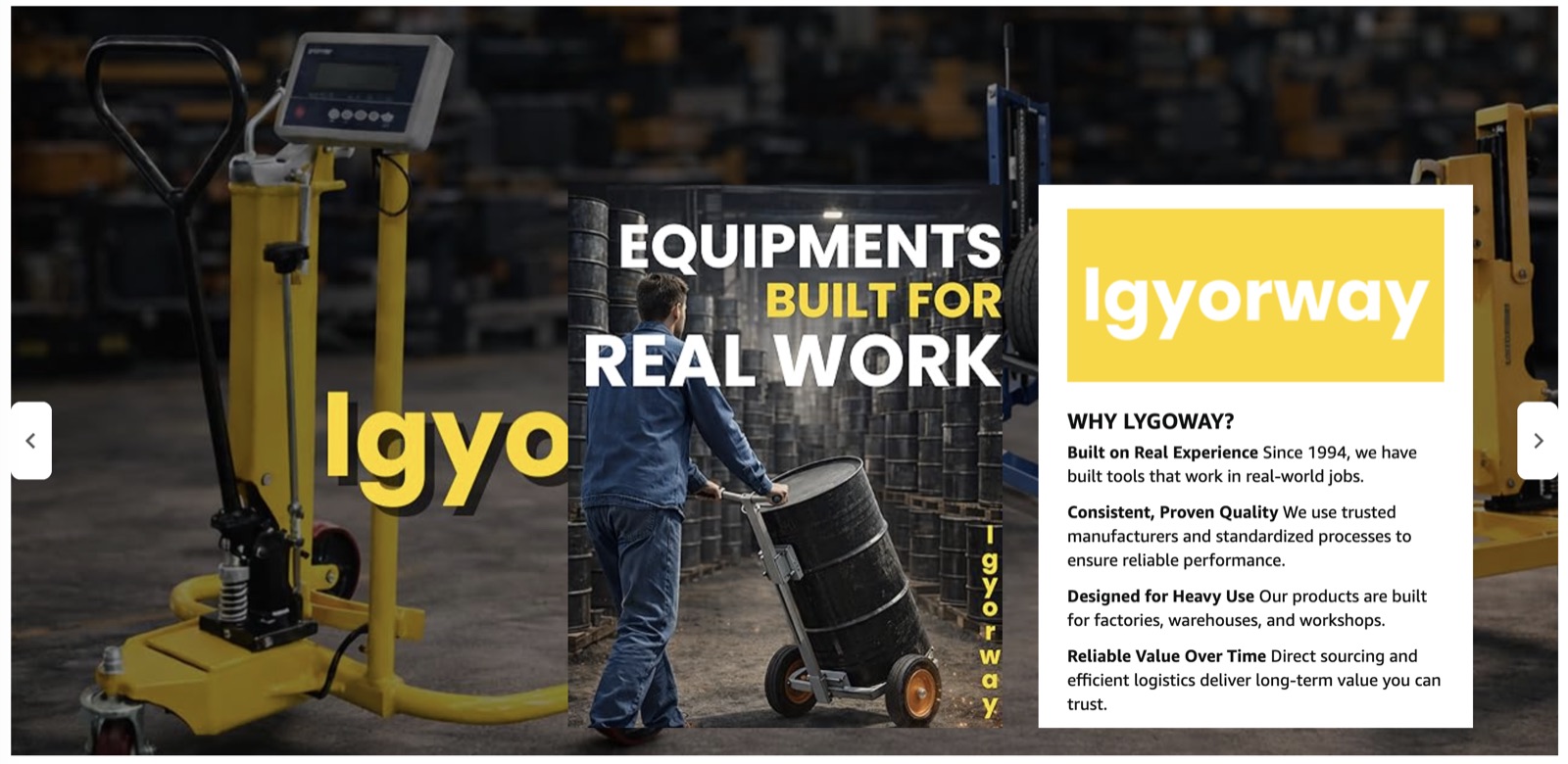New Focus Image module: Lgyorway equipment against an industrial warehouse backdrop, headlined Equipments Built For Real Work