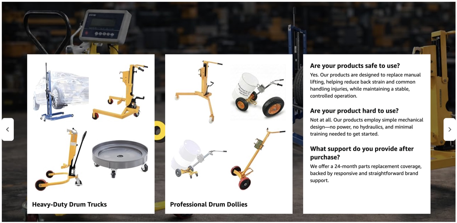 New Q&A module: product tiles for drum trucks and dollies alongside safety and support Q&A copy