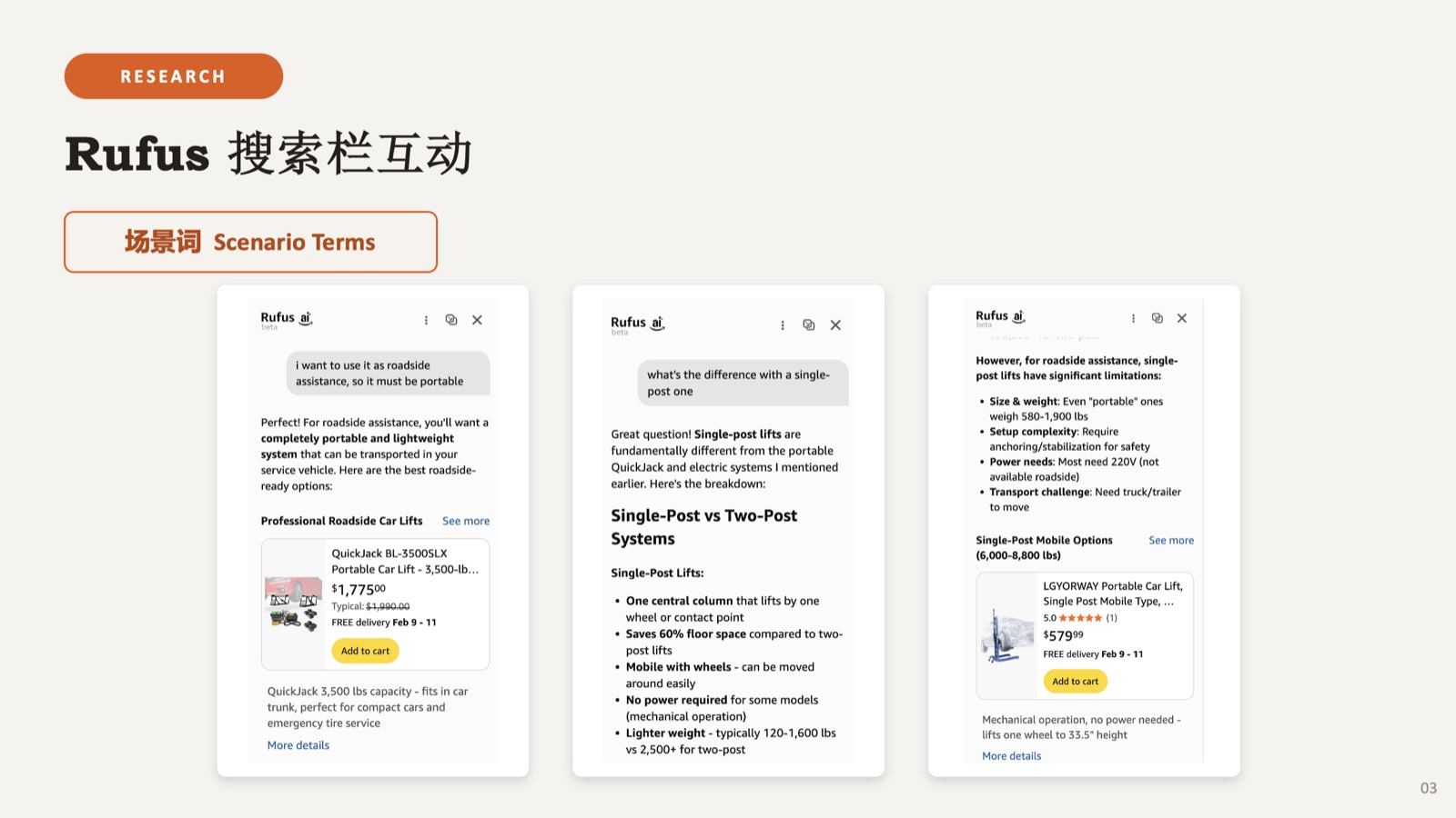 Rufus chat panel comparing portable, no-power car-lift options for a roadside-assistance search query