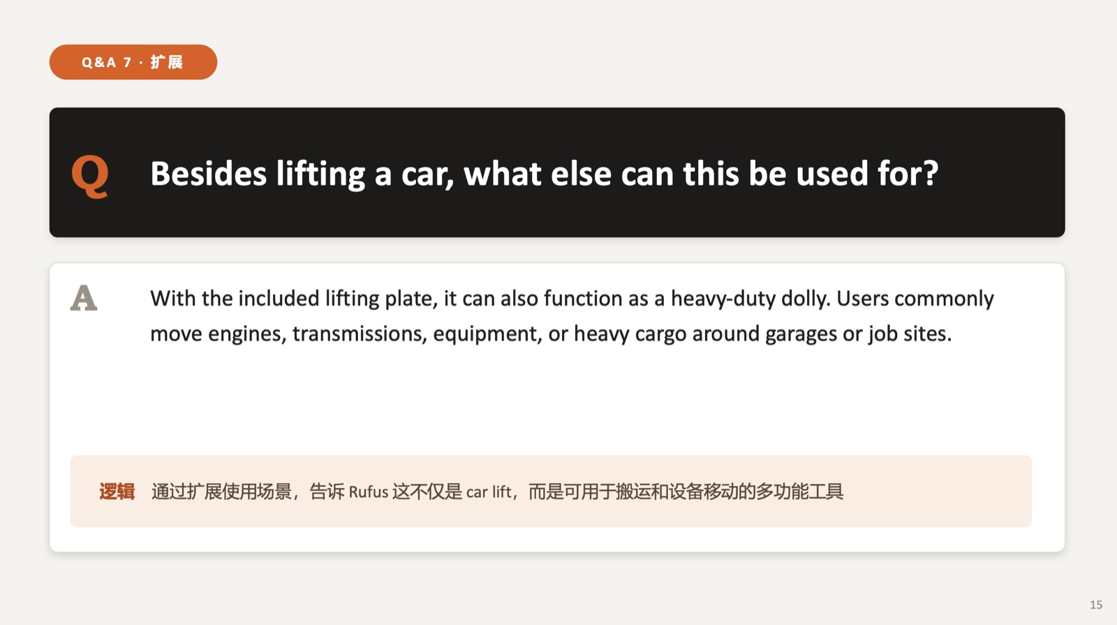 Q&A card example answering a question about non-lifting uses with the product's dolly function
