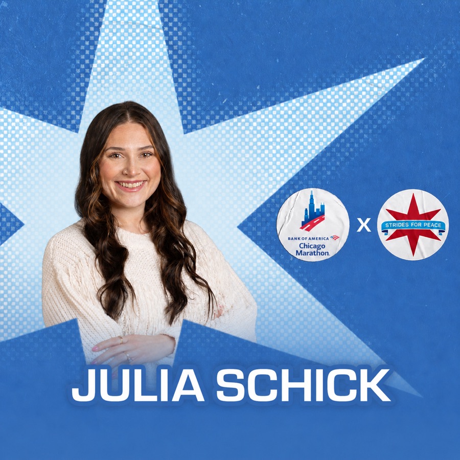 Spokesperson card for Julia Schick, Bank of America Chicago Marathon x Strides for Peace