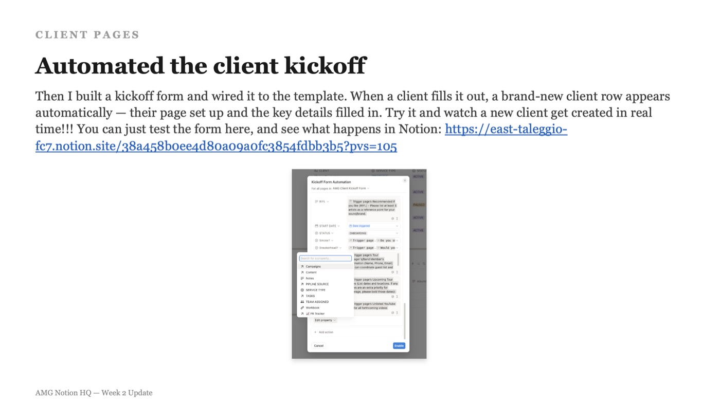 Notion automation that creates a new client row and pre-fills their page when a kickoff form is submitted