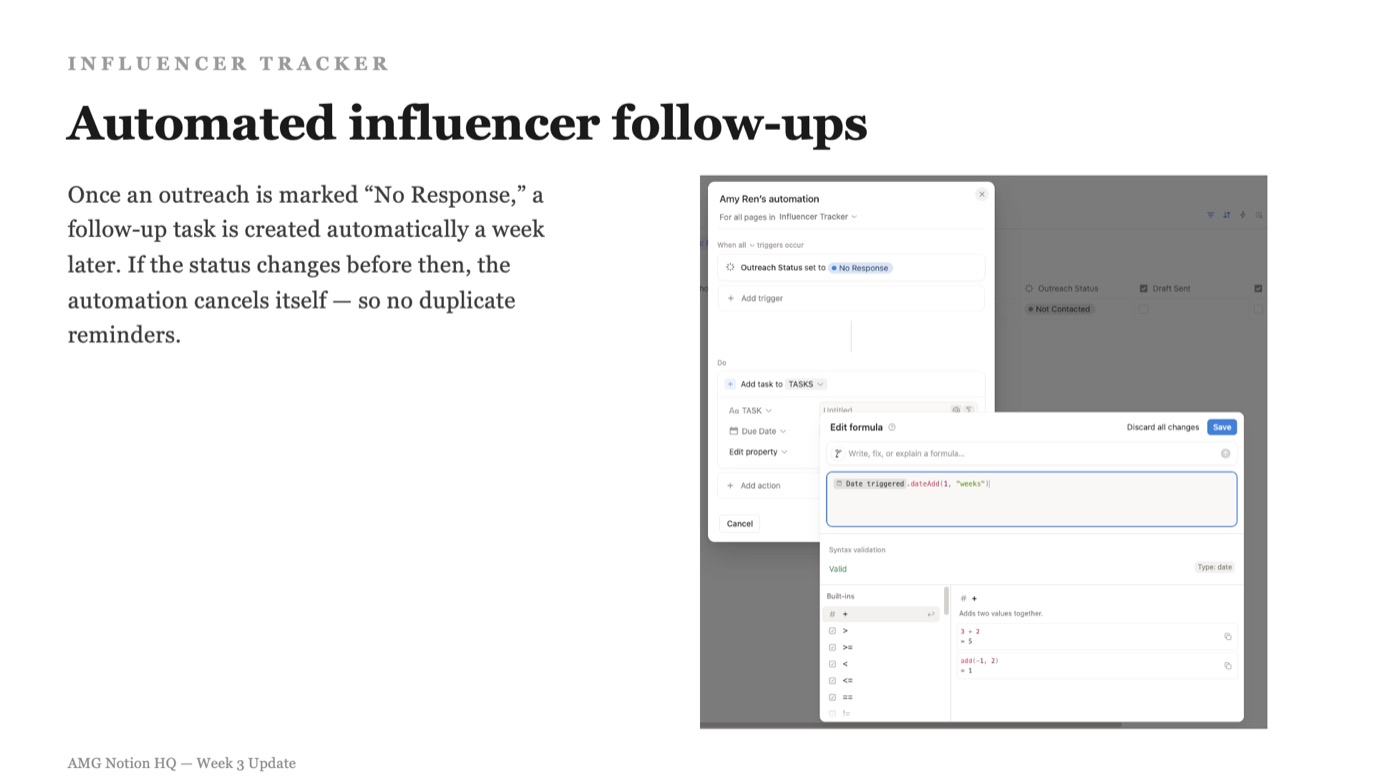 Notion automation that schedules a follow-up task one week after an outreach is marked No Response