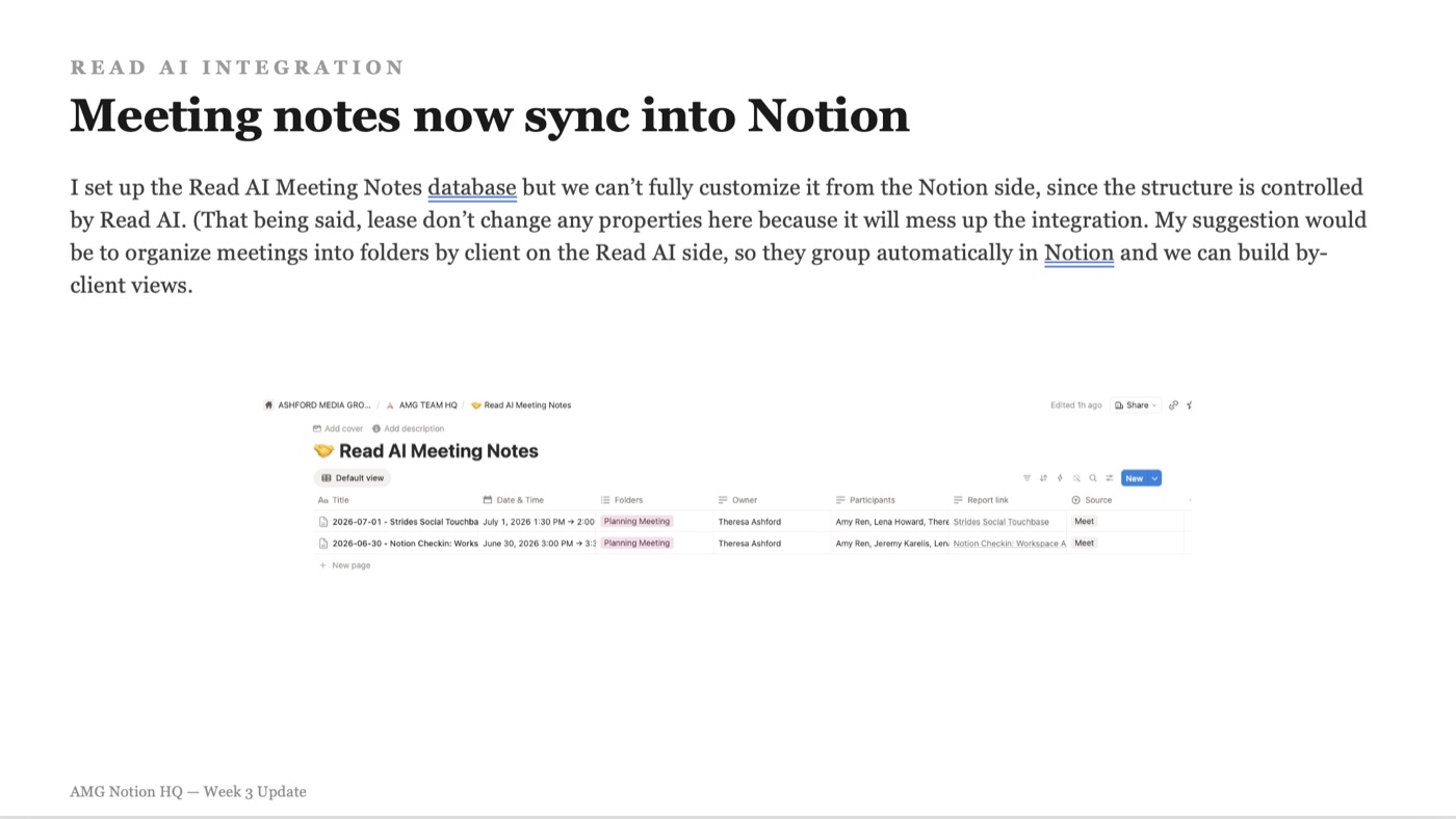 Read AI meeting notes database syncing automatically into the AMG Notion workspace
